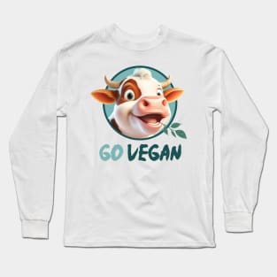 Happy vegan calf, go vegan, against animal torture, no animal cruelty, green stuff in the mouth Long Sleeve T-Shirt